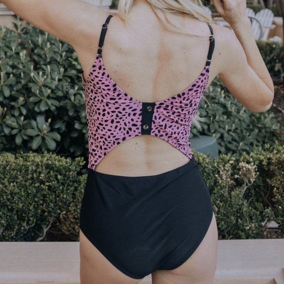 Black/Pink Animal Print One-Piece Swimsuit | Size L - Picture 3 of 5